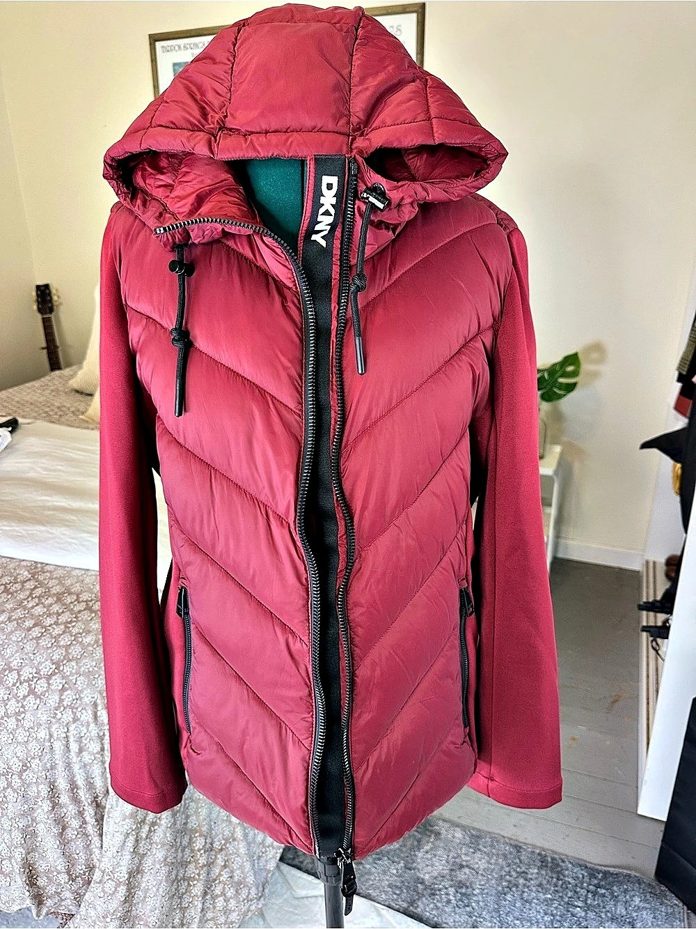 DKNY Long Sleeve Layered Hooded Puffer Jacket Red